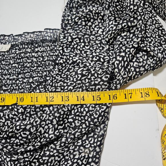 ILLA ILLA L Top Womens Large Black White Ruched Long Sleeve Sheer Smocked Blouse - Picture 7 of 8